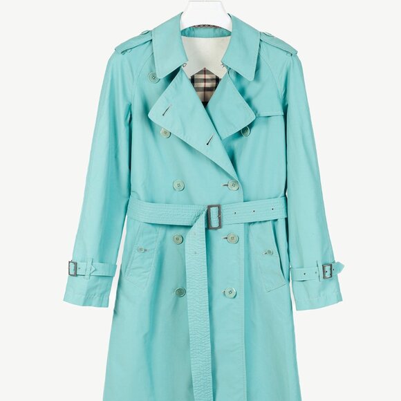 Burberry Turquoise Sateen Check-Undercollar Trench Coat - Picture 1 of 14
